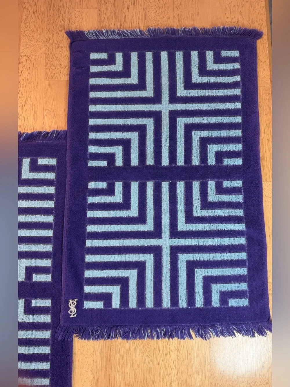 Vtg YSL Yves Saint Laurent Fieldcrest Hand Towel Set 2 FringePurple/Teal Stripe